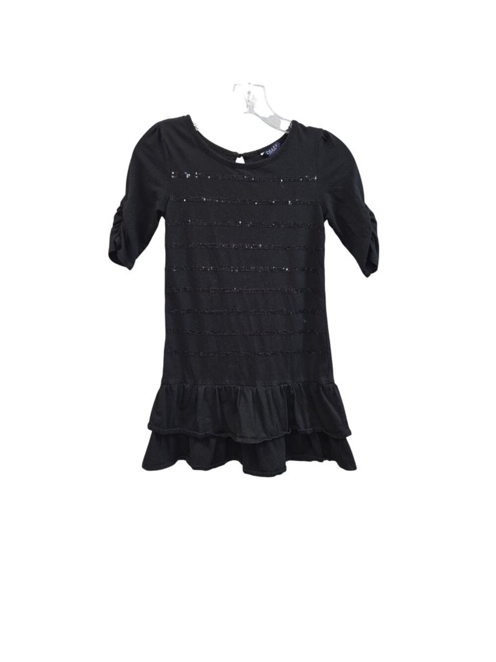 Chaps Girls Black Sequin Ruffle Hem Dress M (8-10) 3/4 Sleeve Keyhole Back 4387